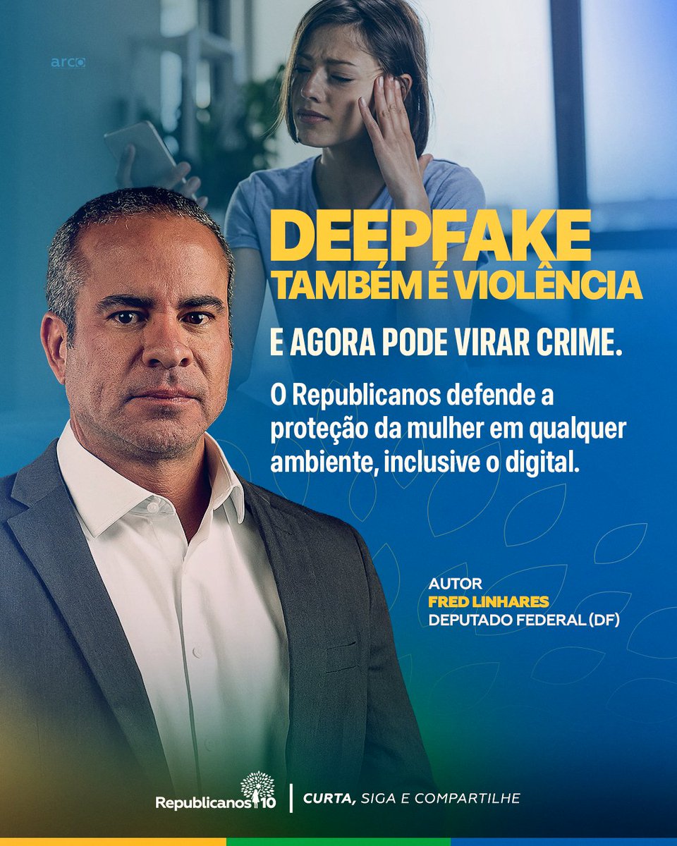 republicanos10's tweet photo. A proteção à mulher segue avançando na Câmara! 🏛️

Um projeto quer atualizar a Lei Maria da Penha e tornar crime o uso de Inteligência Artificial para criar ou manipular fotos, vídeos e áudios contra mulheres. Deepfake também é violência, e merece ser tratado como tal.

Na proposta, do nosso republicano @fredlinhares, a pena para esse crime é elevada de 1 a 2 anos para 2 a 4 anos de reclusão, além de multa. Ela já passou pelas comissões da Casa, teve a urgência aprovada e está pronta para ser votada em plenário.

O Republicanos entende que segurança da mulher não tem fronteira. Nem física, nem digital.

#PraCegoVer: Card com foto do deputado federal Fred Linhares em primeiro plano e, ao fundo, uma mulher olhando para o celular com expressão de preocupação. O texto informa que deepfake também é violência, pode virar crime e reforça que o Republicanos defende a proteção da mulher também no ambiente digital.
