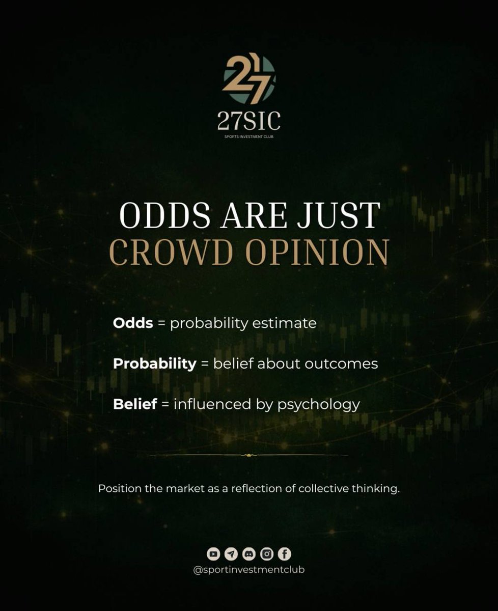 prisca83952's tweet photo. Odds reflect what the market believes, not what is guaranteed to happen.
They're a constantly changing estimate built from thousands of opinions, new information, and collective behavior.
 @Polymarket @S27community
@27SIC #Team3towin27WC2026 https://t.co/yUVW8qmZbH
