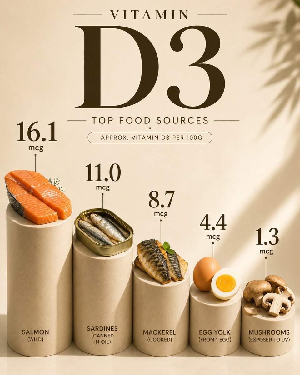 CadioArena's tweet photo. VITAMIN D3 - The Sunshine Vitamin

Supports bone health, immune function, and mood.

Top sources (mcg per 100g):
- Wild Salmon: 16.1
- Canned Sardines: 11.0
- Cooked Mackerel: 8.7
- Egg Yolk (from 1 egg): 4.4
- UV-exposed Mushrooms: 1.3 https://t.co/D3NxQeskoP