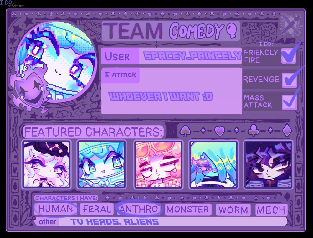 Spacey_Princely's tweet photo. Hi everyone ^-^ I’m doing artfight this year as usual, I’m on team comedy! Feel free to promote your guys accounts if you want! I forgot to do any bookmarking characters so I need ideas of who I can attack 
#artfight #artfight2026 #teamcomedy 

https://t.co/eyZts2aNRi https://t.co/CJXMJ1muOj