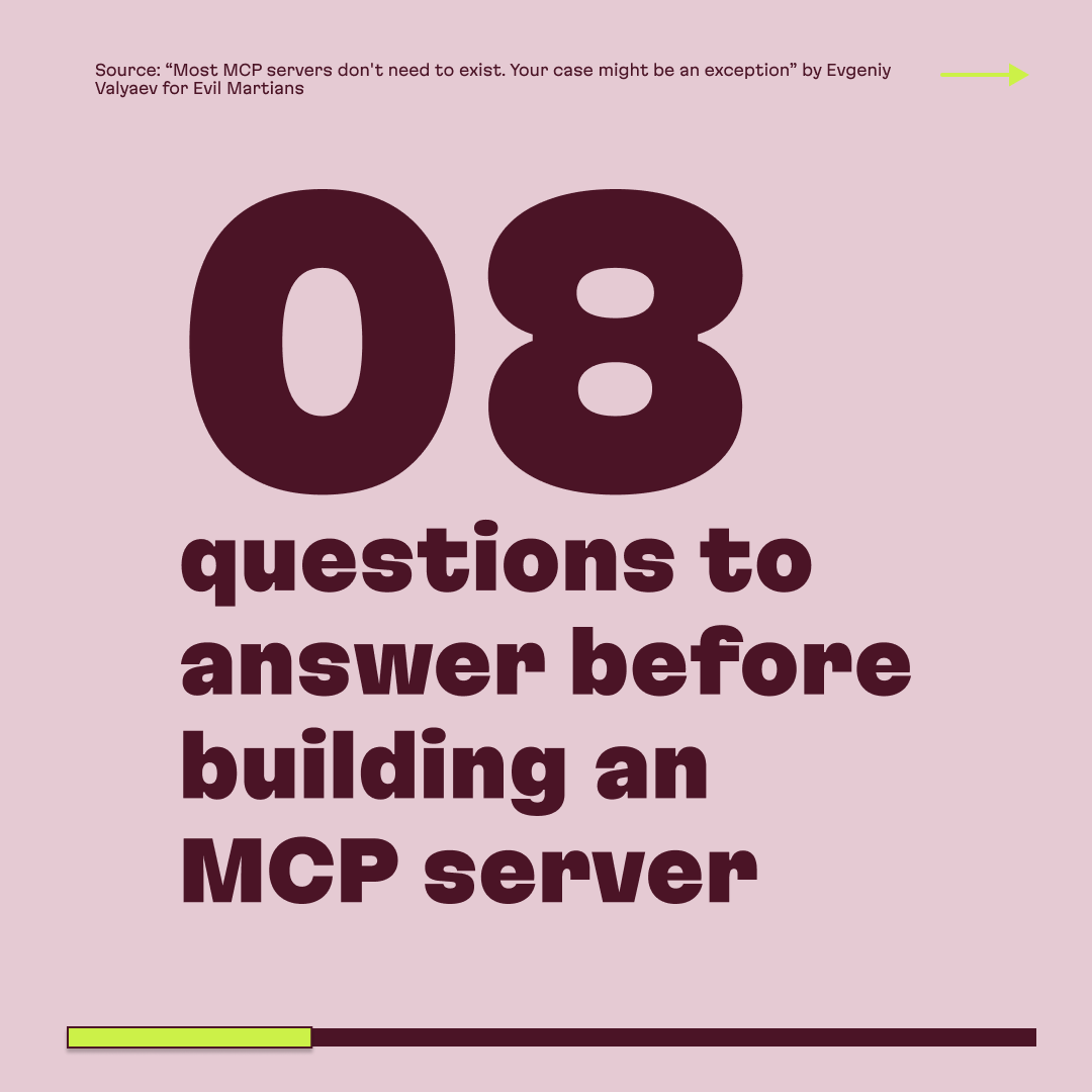 evilmartians's tweet photo. MCPs are the new chatbot. Every product has one, even when they don't need it. 

Bloomberry analyzed 1,412 MCP servers. Roughly half of those companies have no public API at all.  

But shipping an MCP without stable external-facing operations means the interface has nothing to stand on.  

This framework by @_valyay_ invites you to answer 8 questions before deciding if an MCP is the right choice for you: