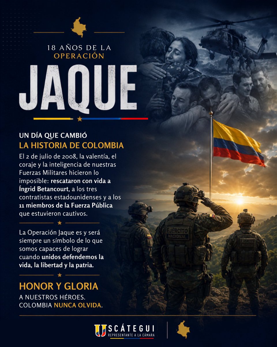 jjUscategui's tweet photo. La Operación Jaque fue la prueba de que cuando el Estado confía en sus Fuerzas Militares, Colombia puede alcanzar lo imposible.

Dieciocho años después, honramos a quienes hicieron historia y celebramos que el país vuelva a tener un Gobierno decidido a fortalecer la Fuerza Pública, recuperar su liderazgo y devolverle el honor a quienes arriesgan la vida por nuestra libertad.