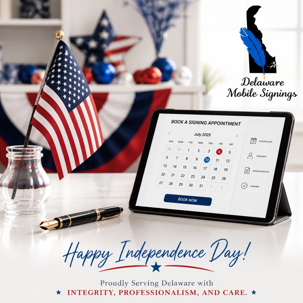 DelawareMobile's tweet photo. Happy Independence Day! ๐บ๐ธ Need a notary on July 4th? Delaware Mobile Signings is available 24/7 in Dover, Newark, Middletown, & Bear: by appointment only! ๐๐จ
Book your mobile signing online today! ๐ปโจ
#July4th #MobileNotary #Delaware #Notary https://t.co/AqGEkTCJ2o