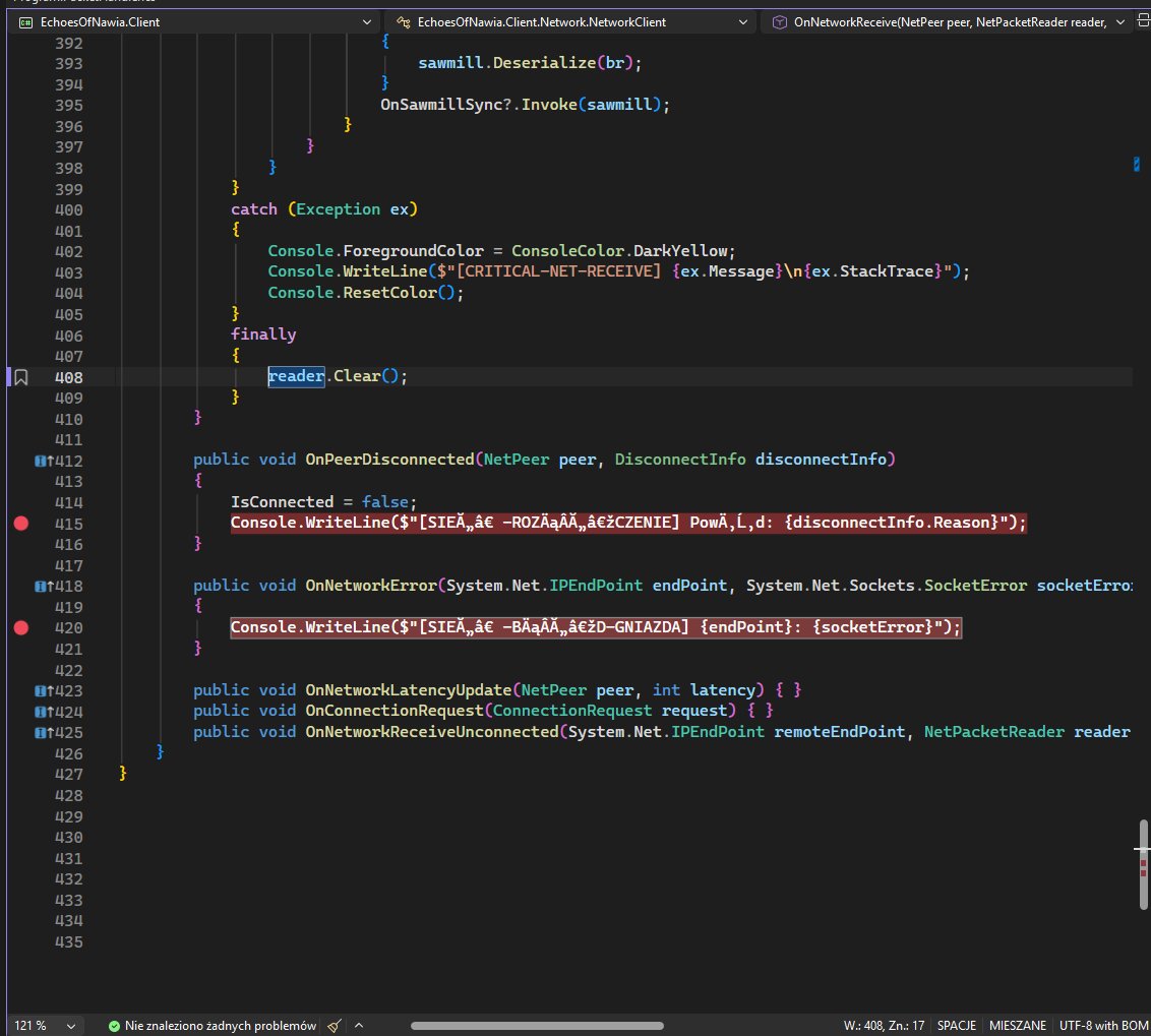 MordHaze's tweet photo. Me: Let's clean up the netcode for #EchoesOfNawia, add some nice critical error logs, make it professional. 🧹

My IDE: "Sure, here is some fresh mojibake for you."

Polish looks like a secret cipher to a global audience anyway, but this double-encoding mess is next-level. Time to fix the console encoding before the server crashes for real. 🛠️

 #gamedev #csharp