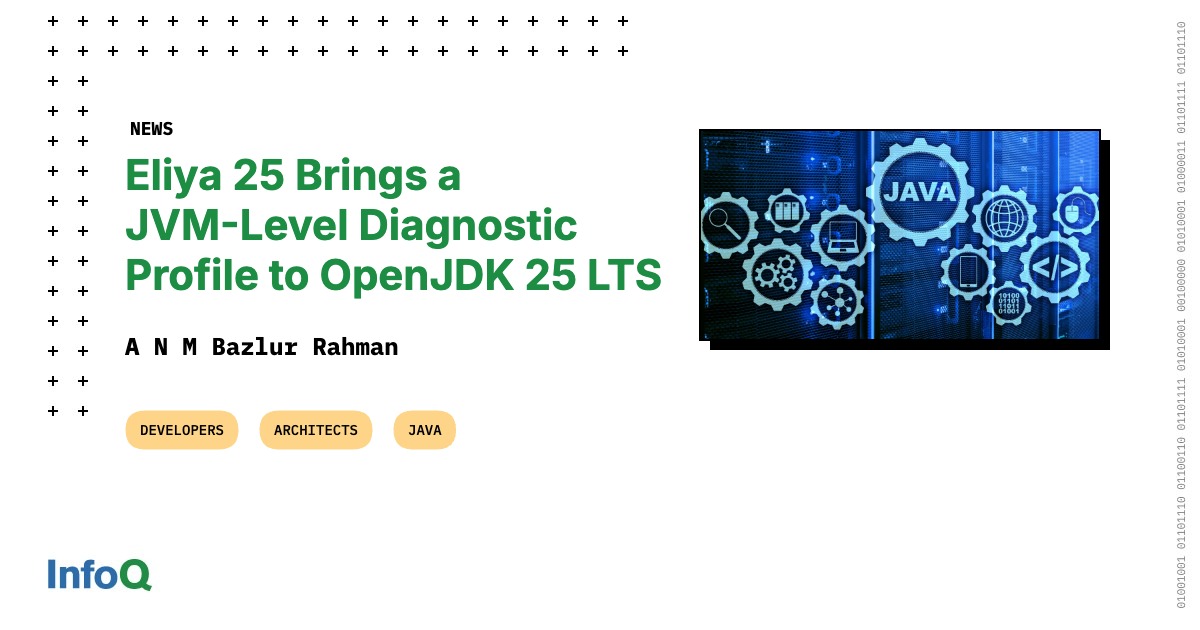 InfoQ's tweet photo. Built for #Java teams, #Eliya provides crash, memory, and runtime diagnostics for production workloads in regulated environments.
Fahim Farook discusses the project's motivation, policy boundaries, and migration paths 👉 https://t.co/uLgDKYqKEK
#Java #OpenJDK #JDK25 https://t.co/bIDZzTU9fK