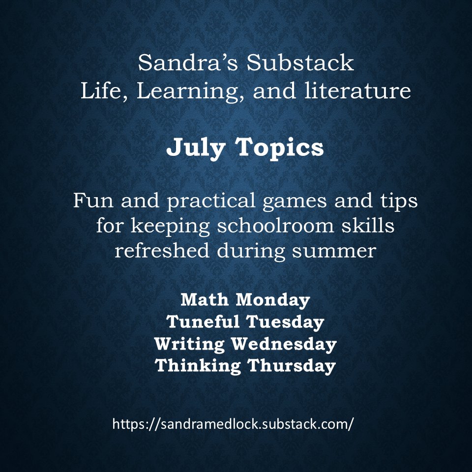 SandraMedlockTx's tweet photo. There are fun ways to keep a student's math, music, and writing skills fresh during the summer without pages of worksheets. Join me in July for games, suggestions and tips. https://t.co/P9N8Hh9Sp3