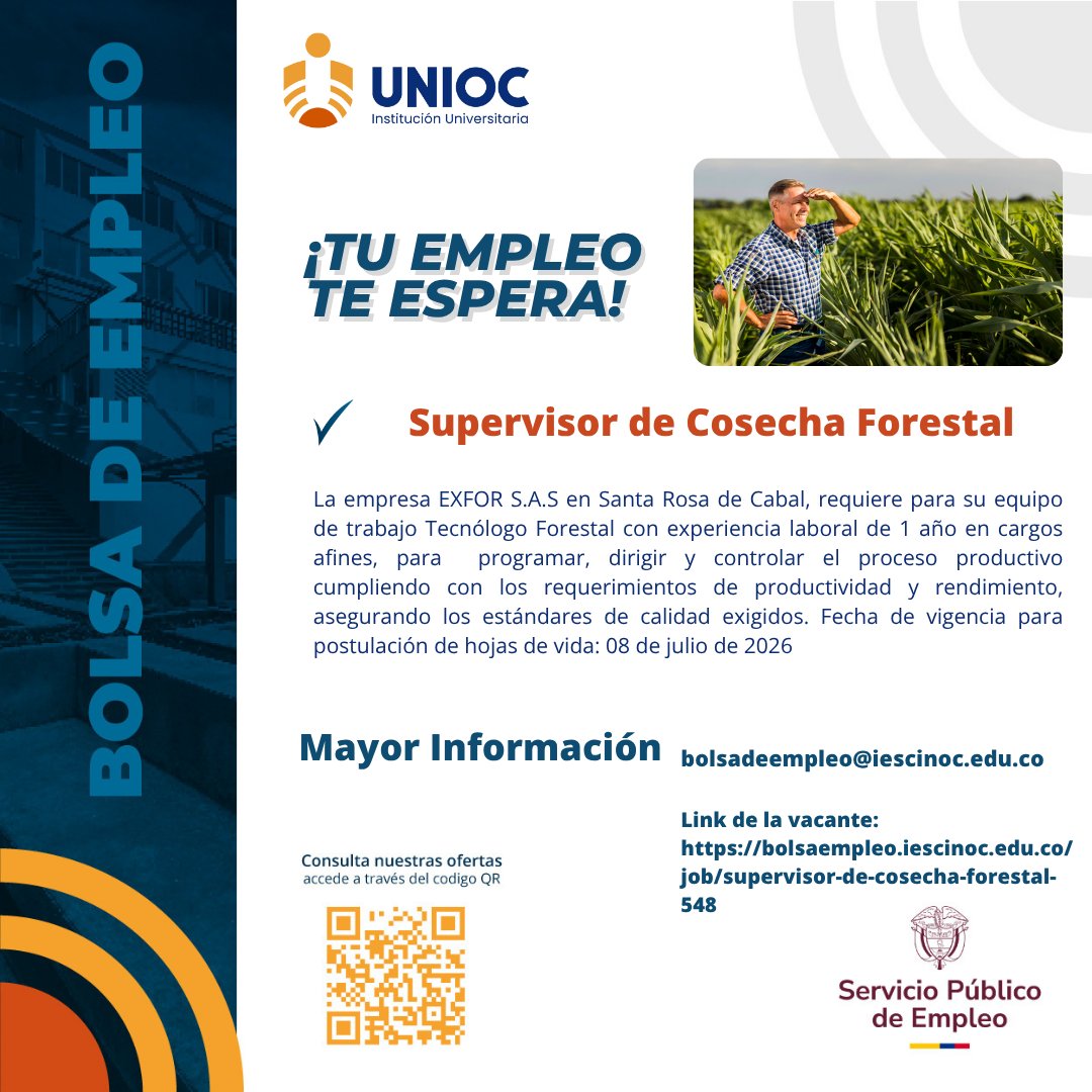 IES_CINOC's tweet photo. 🔴 OPORTUNIDAD LABORAL 📢

Desde la Bolsa de Empleo UNIOC compartimos esta oferta laboral para trabajar en la empresa EXFOR S.A.S., ubicada en Santa Rosa de Cabal.

✅ Supervisor de Cosecha Forestal

Si cumples con los requisitos, postúlate:
 https://t.co/eSIGIHTUwA https://t.co/JqjtTekTNg