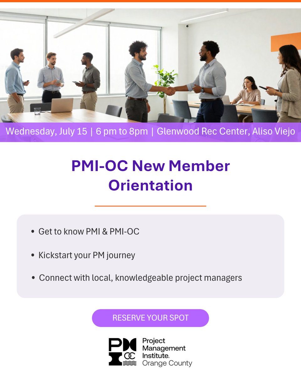 PMIOC's tweet photo. Build your community by networking with like-minded professionals at the PMI-OC New Member Orientation!
Learn about the benefits of the membership, opportunities galore, and grab a bite with us.
Register now: https://t.co/Pi0wCAVSlK
#networking #pmioc #projectmanagement https://t.co/QXfNNskr18