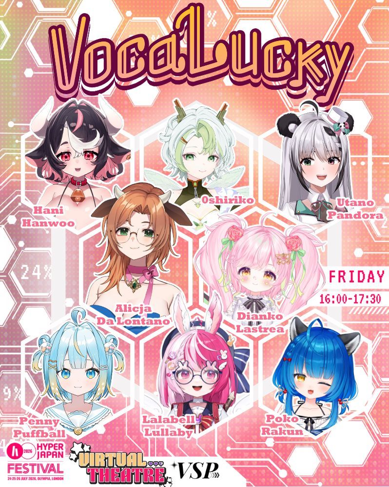 VirtualStagePro's tweet photo. 🎶 PERFORMER HIGHLIGHT 🎶

Introducing Vocalucky for Virtual Theatre at Hyper Japan!

Feeling lucky?
Rise your penlights to the rhythm of Vocaloid songs, 8 will be your lucky number today~

Catch the performance on Friday 16:00 - 17:30!

Presented by @virtualstagepro

Organised by
@AlicjaDaLontano @DiankoLastrea 

Participants
@A5Hanwoo @0shiriko @UtanoPandora @PennyPuffball @LalabellLullaby @pokorakun 

#hyperjapan #vtuber #vtuberconcert