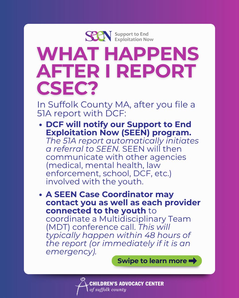 SuffolkCAC's tweet photo. Commercial sexual exploitation of children, or #CSEC, is child abuse and should be reported to the MA Child Abuse Emergency Line at 1-800-792-5200. Swipe to learn more about how the response unfolds in Suffolk County.

🔗Learn more at https://t.co/DPG3FqG5df

#EndChildTrafficking https://t.co/G1kawx8Nio
