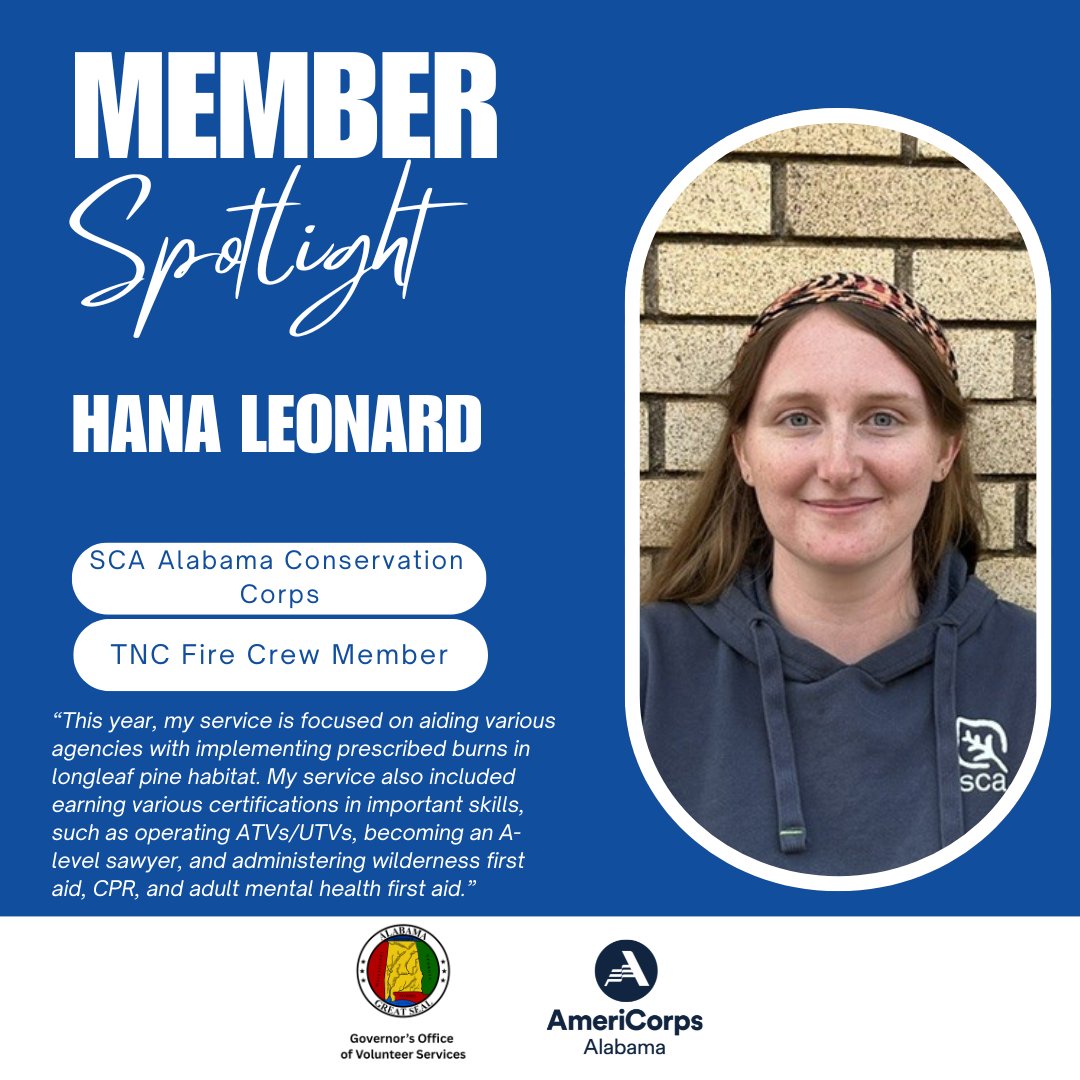 ServeAlabama's tweet photo. We would like to recognize Student Conservation Association Volunteer Hana Leonard. Thank you for your service! #getthingsdone #SCA #ServeAlabama #AlabamaAmeriCorps @AmeriCorps https://t.co/55mgACyfSd