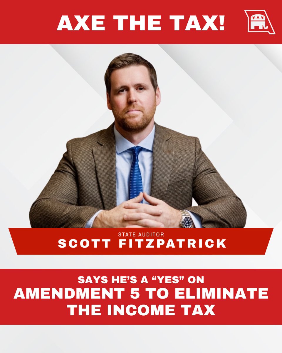 MissouriGOP's tweet photo. State Auditor @FitzpatrickMO is a YES on Amendment 5!

As Missouri's chief watchdog over government spending, Auditor Fitzpatrick knows taxpayers deserve a government that lives within its means. Amendment 5 creates a responsible path to eliminate the state income tax, lower property taxes, and keep more money in the pockets of hardworking Missourians.

August 4th, Vote #YESon5 and #AxeTheTax! 🇺🇸