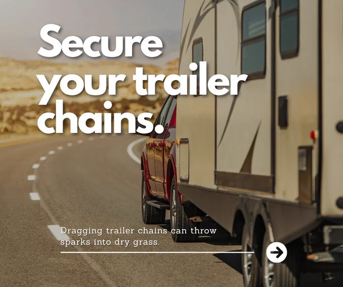 Red truck towing a trailer on a winding road with text warning to secure trailer chains to prevent sparks.