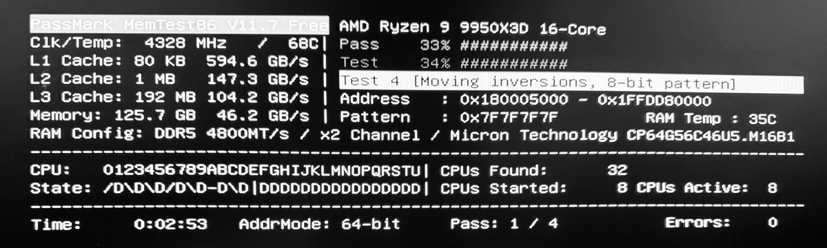 ZERO9981's tweet photo. まじメモリエラー[MEMORY_MANAGEMENT (0x1A)]で最近PC落ちるから祈りのメモリチェック
放置して寝る💤 https://t.co/KyB1VRhiT1