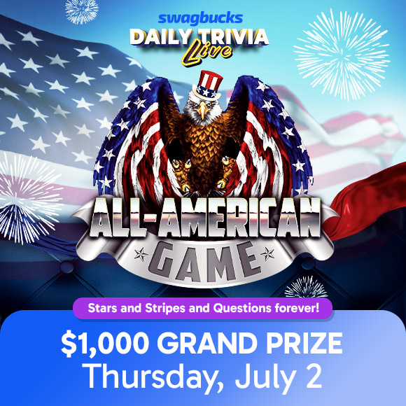 Swagbucks's tweet photo. Today at 5pm PT/8pm ET: Get ready for Independence Day with an All-American edition of Daily Trivia Live! Come play for $1,000 Grand Prize...

Don't have the app? Download it by going to https://t.co/S7z9caOKdi https://t.co/rRzEce0nSP