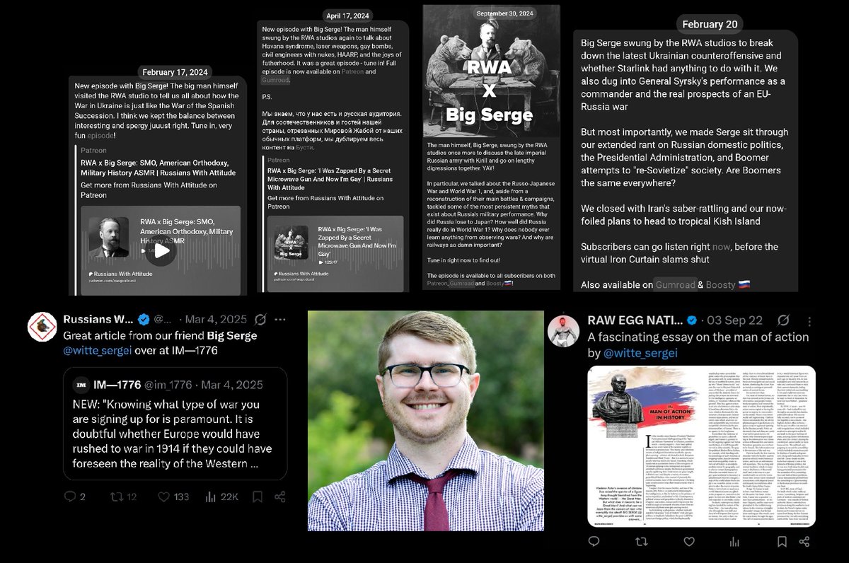 TUA_Research's tweet photo. Idaho Department of Labour (@IdahoLabor) Economist Sam Wolkenhauer has appeared on the Russians With Attitude Podcast, wrote for Raw Egg Nationalist &amp; the "dissident right" publication IM-1776, &amp; posted 17.4k times since March 2022 under the handle @witte_sergei Aka "Big Serge". https://t.co/cCLJD5C5tC