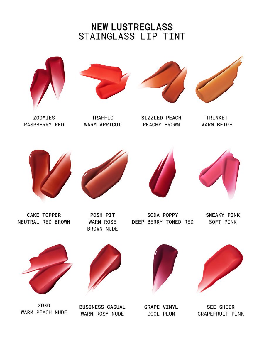 MACcosmetics's tweet photo. 12 shades of stained glass color. Which new MAC Lustreglass StainGlass Lip Tint are you swiping on?

Trinket (warm beige) 
Posh Pit (warm rose brown nude) 
Traffic (warm apricot) 
Cake Topper (neutral red brown) 
Sizzled Peach (peachy brown) 
Grape Vinyl (cool plum) 
See Sheer (grapefruit pink) 
XOXO (warm peach nude) 
Zoomies (raspberry red) 
Sneaky Pink (soft pink) 
Business Casual (warm rosy nude) 
Soda Poppy (deep berry-toned red) 

Available now in select regions. Launching in US + Canada on 8.2.2026. https://t.co/6pzIYzKkn5

#MACLustreglass