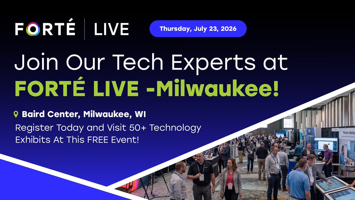 our_forte's tweet photo. Experience the thrill of FORTÉ LIVE - Milwaukee on Thursday July 23! Past attendees rave about this AV/UC tech expo 👍. Don't wait – sign up today! #FORTELIVE #Milwaukee
https://t.co/n0ZNuvw7yd https://t.co/NdiU5FxKLr
