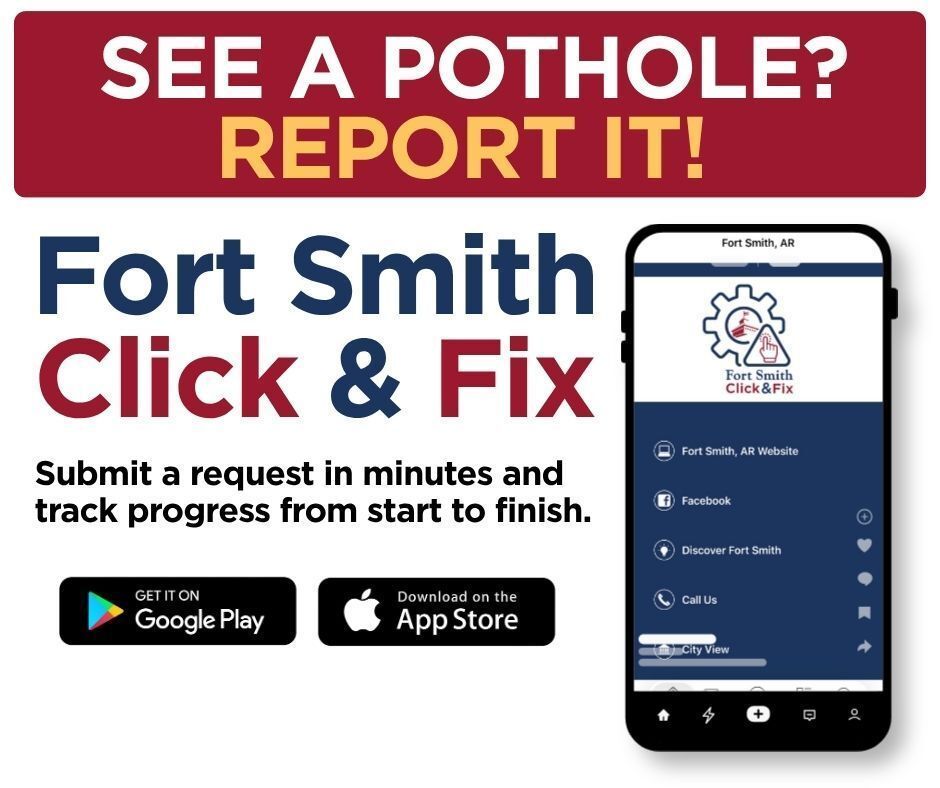 FtSmithARK's tweet photo. See a pothole? Let us know! 

Open the Fort Smith Click &amp; Fix app or website, choose Pothole, mark the location, add a photo if possible, and submit. You can follow your report and receive updates every step of the way. https://t.co/JHSotZzmh8