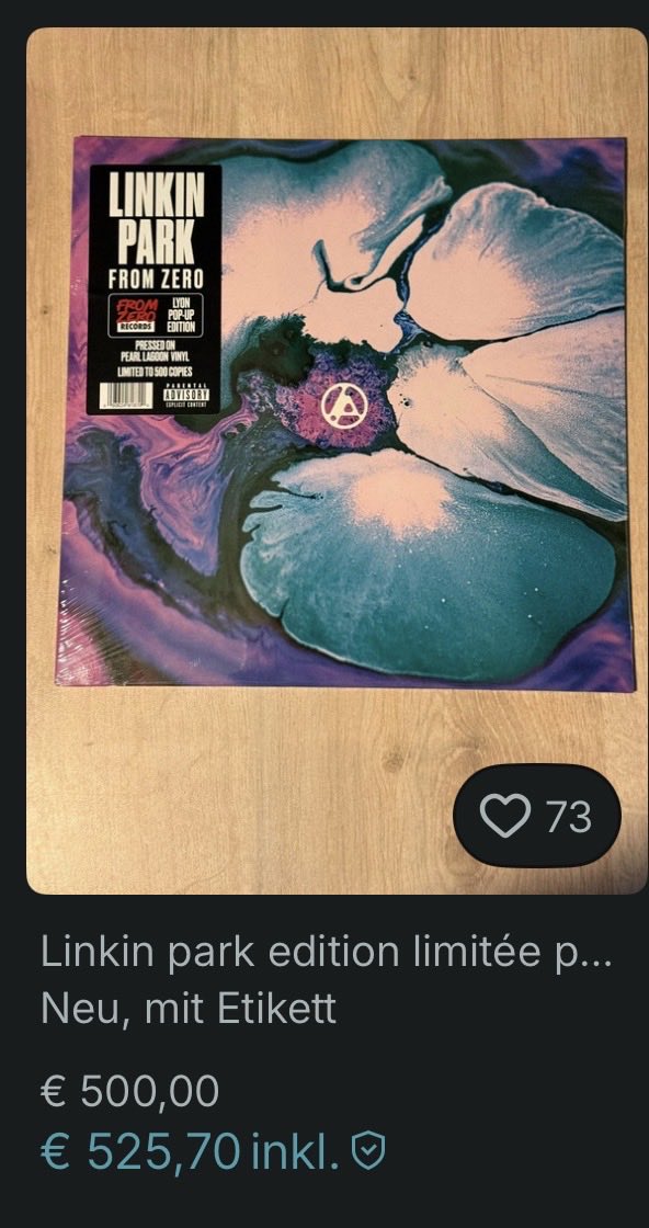 linkinparkaut's tweet photo. As a vinyl collector this is really disgusting. Like yeah it will always be like this in some way that some people will raise the price by a few %…. But WYM 500-600€ AND ITS NOT EVEN SIGNED?!?!?! https://t.co/S7AQUyJF6t