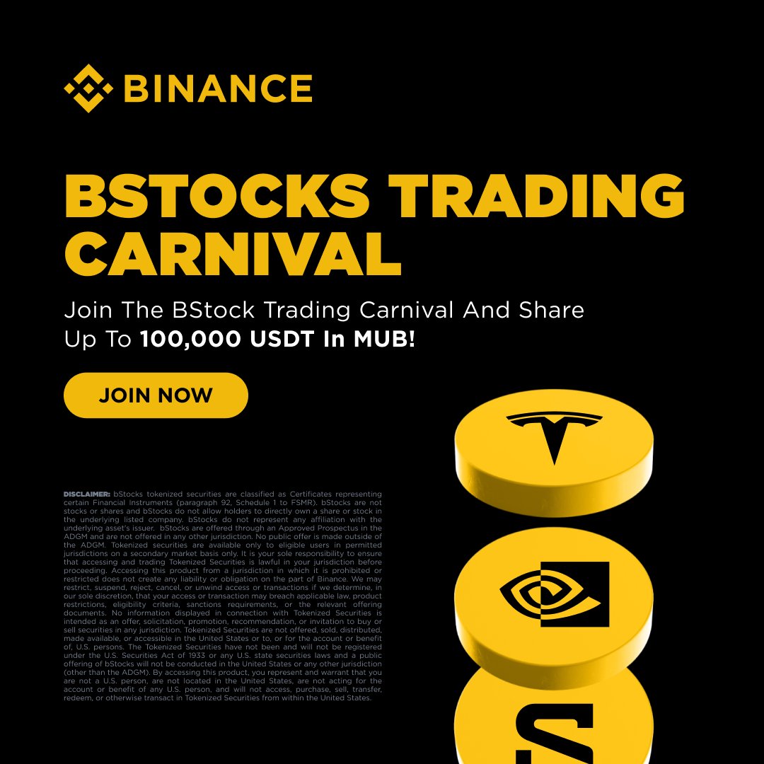 binance's tweet photo. bStock Trading Carnival 🎡

Trade bStock and share up to 100,000 USDT in MUB token vouchers! 

Let's go → https://t.co/XtHnt4CyZu https://t.co/ML0jioW5Gc