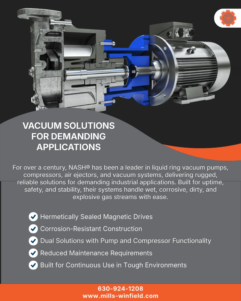 MillsWinfield's tweet photo. NASH liquid ring pumps handle tough conditions across chemical, pharma, food, power, and pulp operations. Pairing the right tech with process support helps cut outages and protect uptime.
https://t.co/hLEVaHIw6c
#NASH #VacuumSystems #IndustrialProcessing https://t.co/JhZz8DlP4a