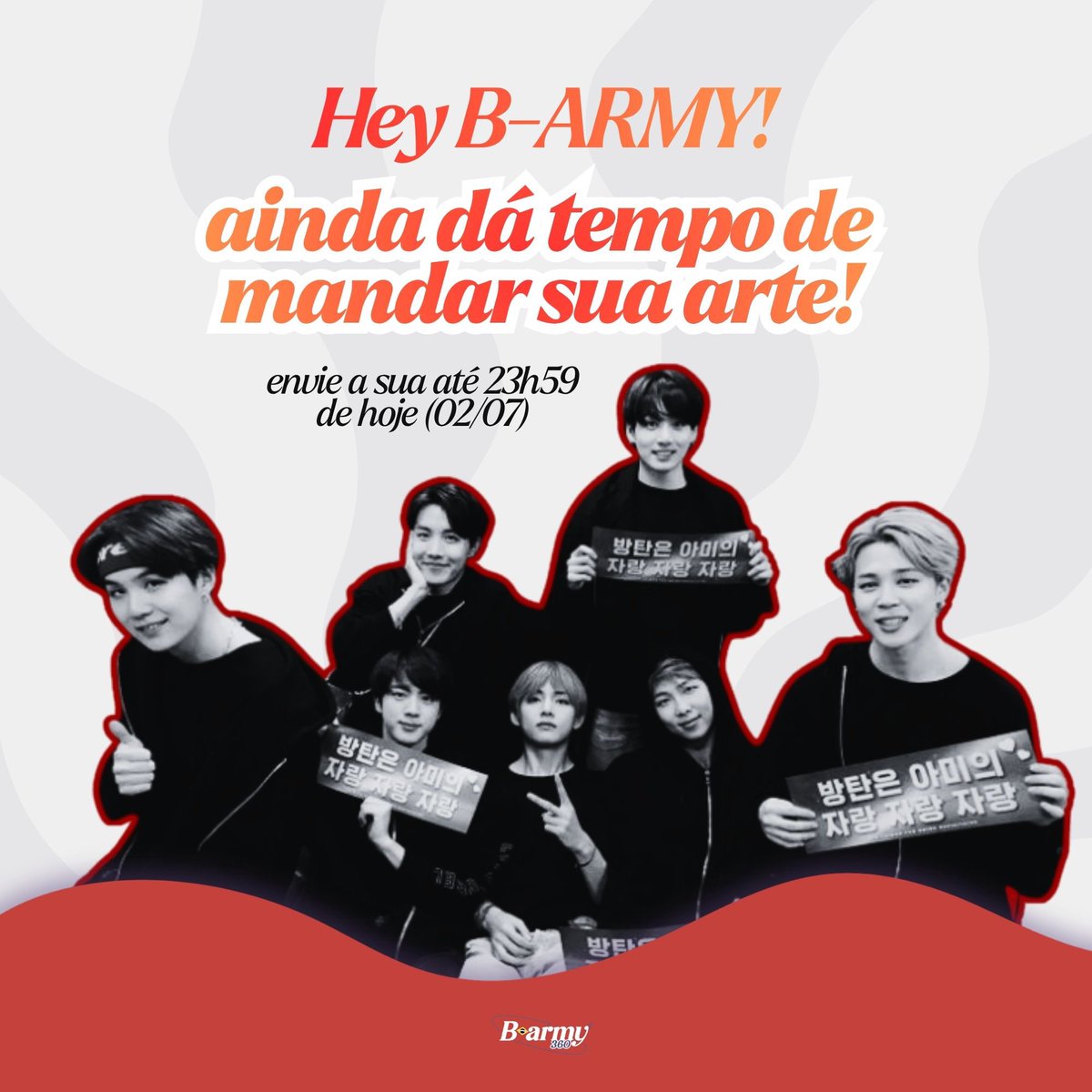 iS2jiminnie's tweet photo. ✨ | HEY B-ARMY!

Ainda dá tempo de participar: envie sua arte para os hand banners até hoje (02/07), às 23h59. As votações começam em 05/07. Faça parte dessa homenagem ao BTS!

🔗 https://t.co/GmnTmZfztc

📲 @itsjeonjm
#BARMY360 #BARMY360HandBanner https://t.co/YOLDOnrvSS