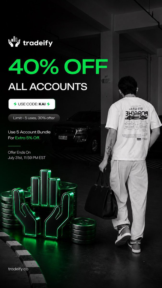 TraderKaizen0's tweet photo. Let’s run it up, folks! 

@Tradeify 40% OFF ALL ACCOUNTS! 💚

🎟️ USE CODE: KAI
https://t.co/A5QN213ZW6 https://t.co/RJ61lw38Zz