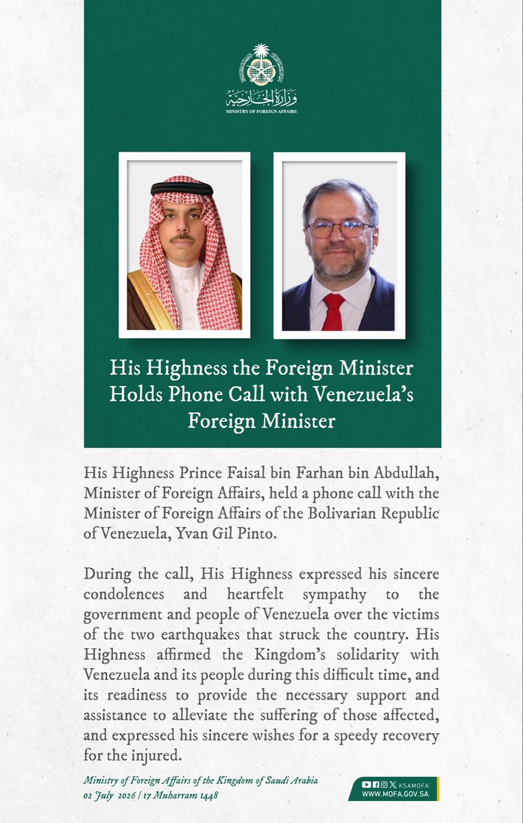 KSAmofaEN's tweet photo. 🇸🇦 📞 🇻🇪 | Foreign Minister HH Prince @FaisalbinFarhan held a phone call with Venezuela’s Foreign Minister, Yvan Gil Pinto. https://t.co/1ORgiR7Una