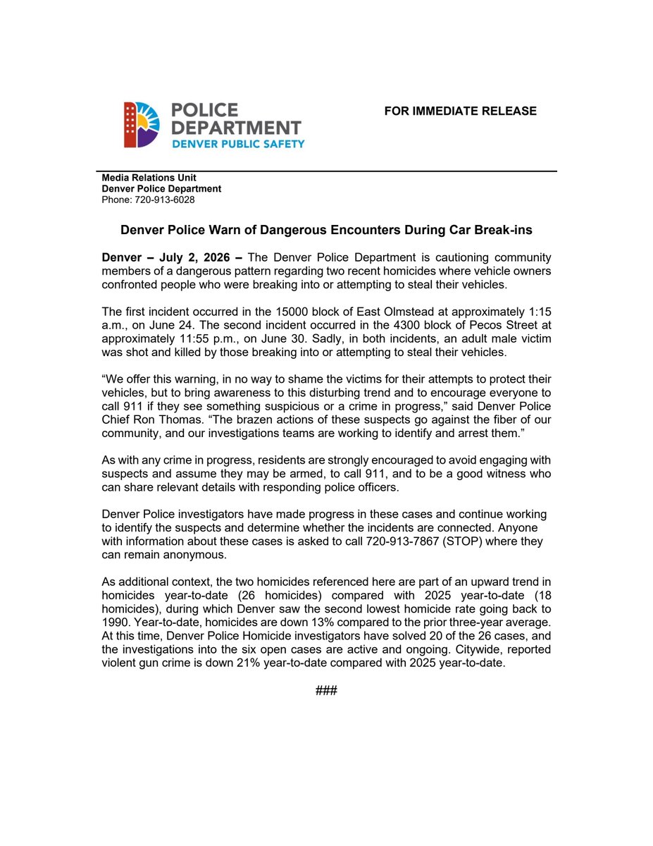DenverPolice's tweet photo. RELEASE: #Denver Police Warn of Dangerous Encounters During Car Break-ins https://t.co/AykDrMHY3H
