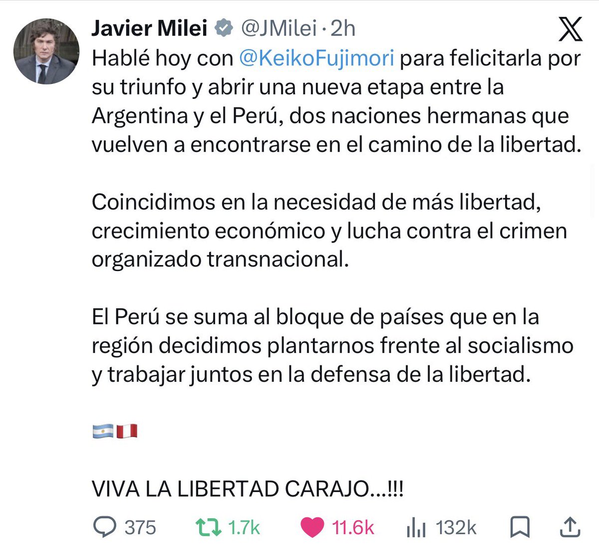 OOCprogresismo2's tweet photo. 🇦🇷🇵🇪 El Presidente Javier Milei felicita a la Presidente Electa del Perú, Keiko Fujimori. https://t.co/wJWTswH5Wq