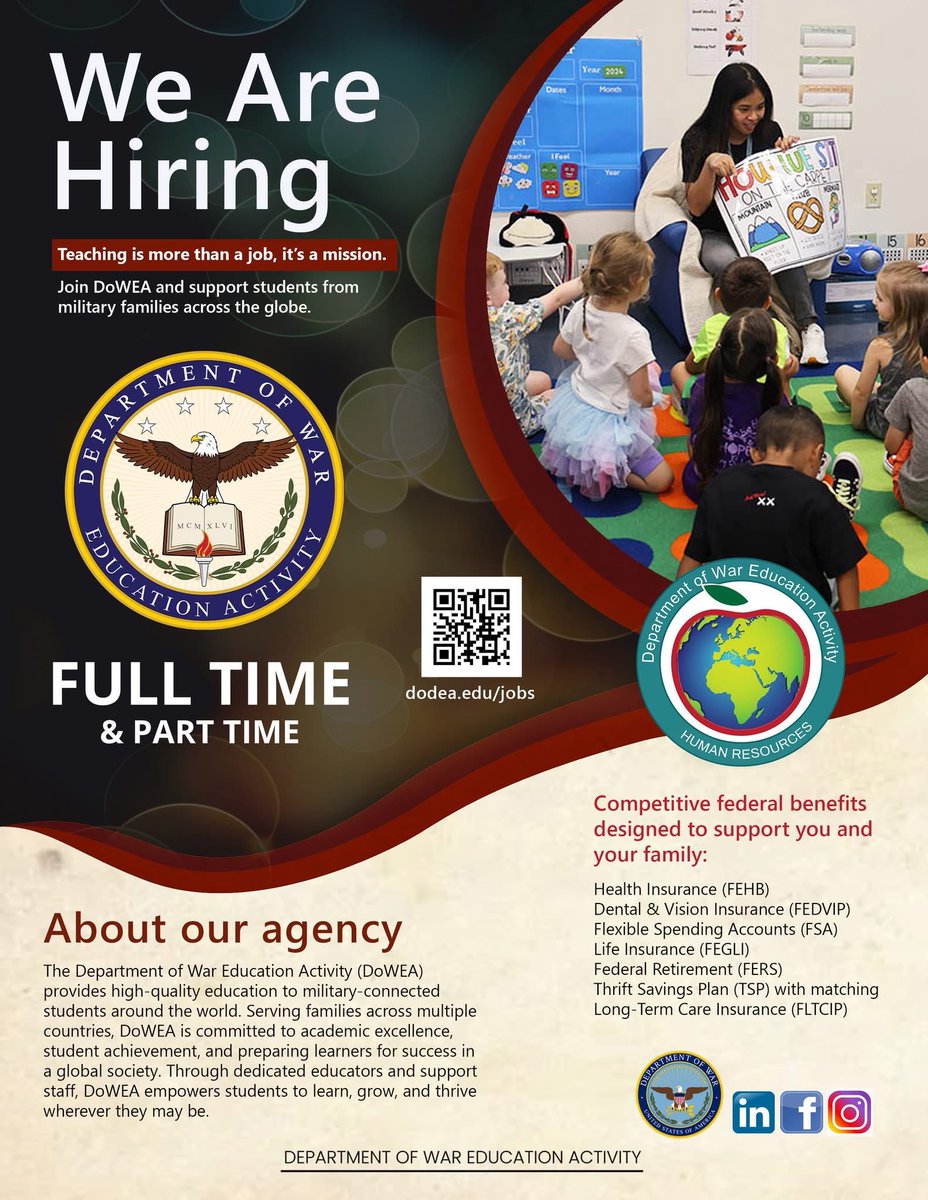 DoWCivilians's tweet photo. What if you had the chance to share Americas 250 year history with students on their learning journey. DoWEA is hiring across the world. 
Apply now at: https://t.co/oWwFc28wPB
#DoWCivilians #DowEA #educationalaides #WeAreTotalForce #DoWCareers #Education https://t.co/JrgJlwqDuG