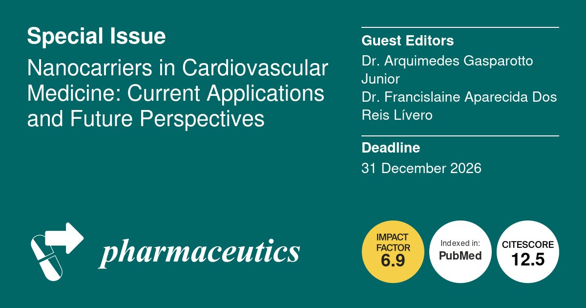 MDPIpharma's tweet photo. The Special Issue has been extended!

Nanocarriers in Cardiovascular Medicine: Current Applications and Future Perspectives 🫀
Guest Editors: Dr. Arquimedes Gasparotto Junior and Dr. Francislaine Aparecida Dos Reis Lívero

One paper has been published:  https://t.co/huXD9GcsxU https://t.co/N8SGQvNjwN