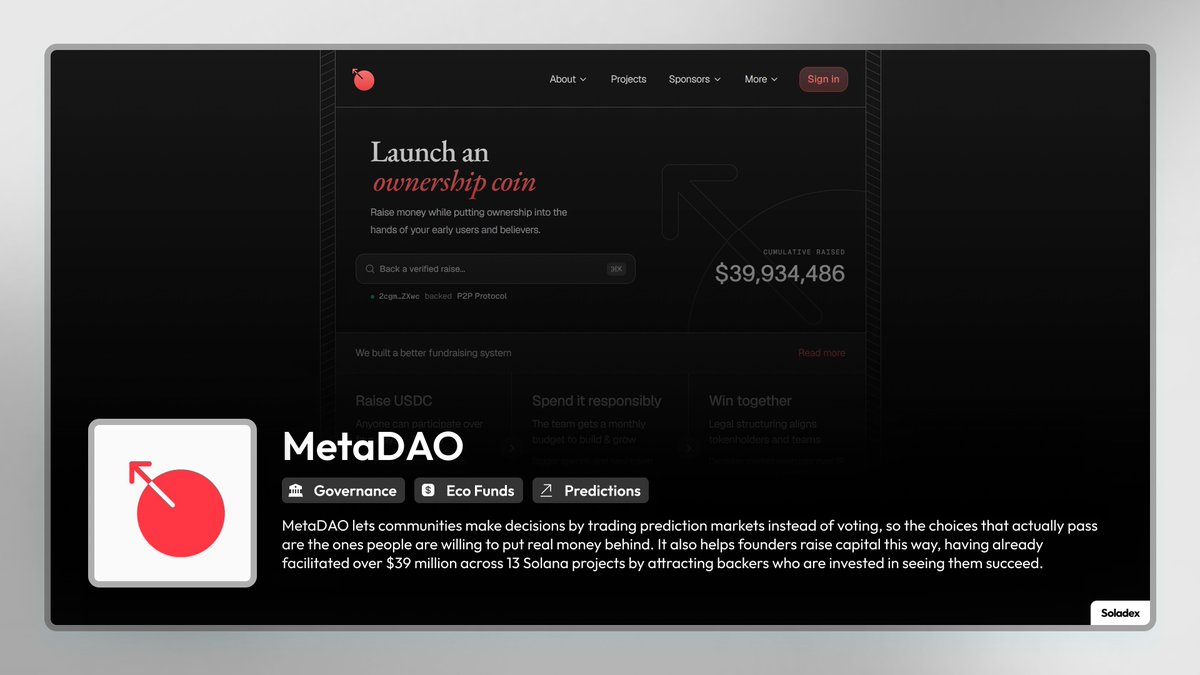 Soladex_io's tweet photo. Governance hasn't evolved for a while, but Solana builders continue innovating solutions in constantly changing markets 🏗

@MetaDAOProject is live on Soladex!

🔗 Link to review article below ⤵ https://t.co/gRBTWUj9nd