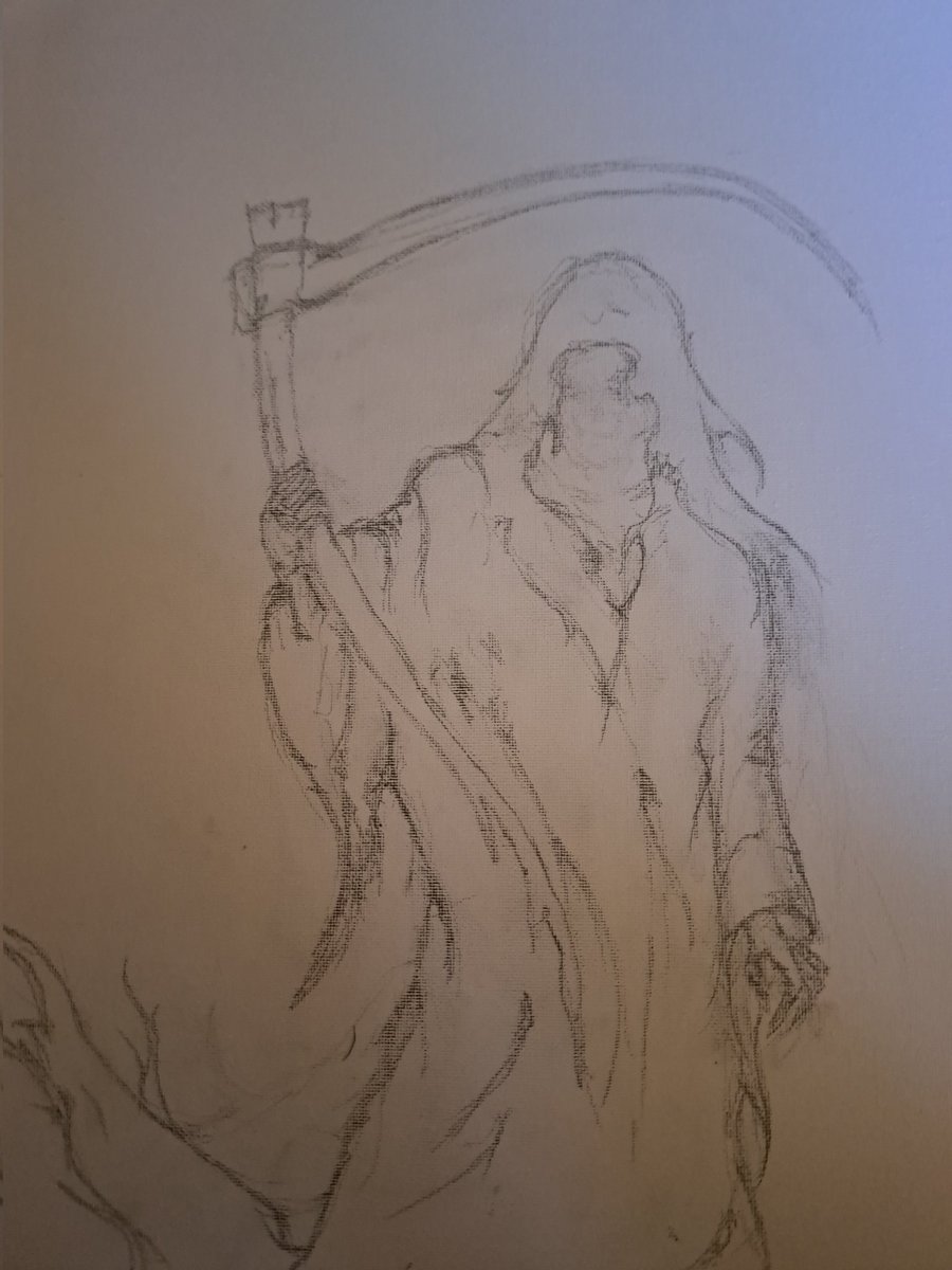 IcyArt_'s tweet photo. Painting something for my younger brother, he renovated his room so he needs new painting. Here is a quick sketch on canvas 🤘
#painting
#grimreaper
#fantasyart https://t.co/buQWCSc5hB