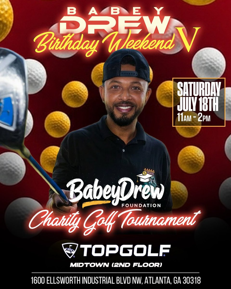 Q997Atlanta's tweet photo. BabeyDrew Birthday Weekend is almost here! Join us July 17–18 for a comedy show and charity golf tournament supporting the BabeyDrew Foundation. 🎤⛳ 

100% of proceeds help homeless children and teach financial literacy. Come celebrate, have fun, and make an impact.🎁 https://t.co/F2wQbtiBsb