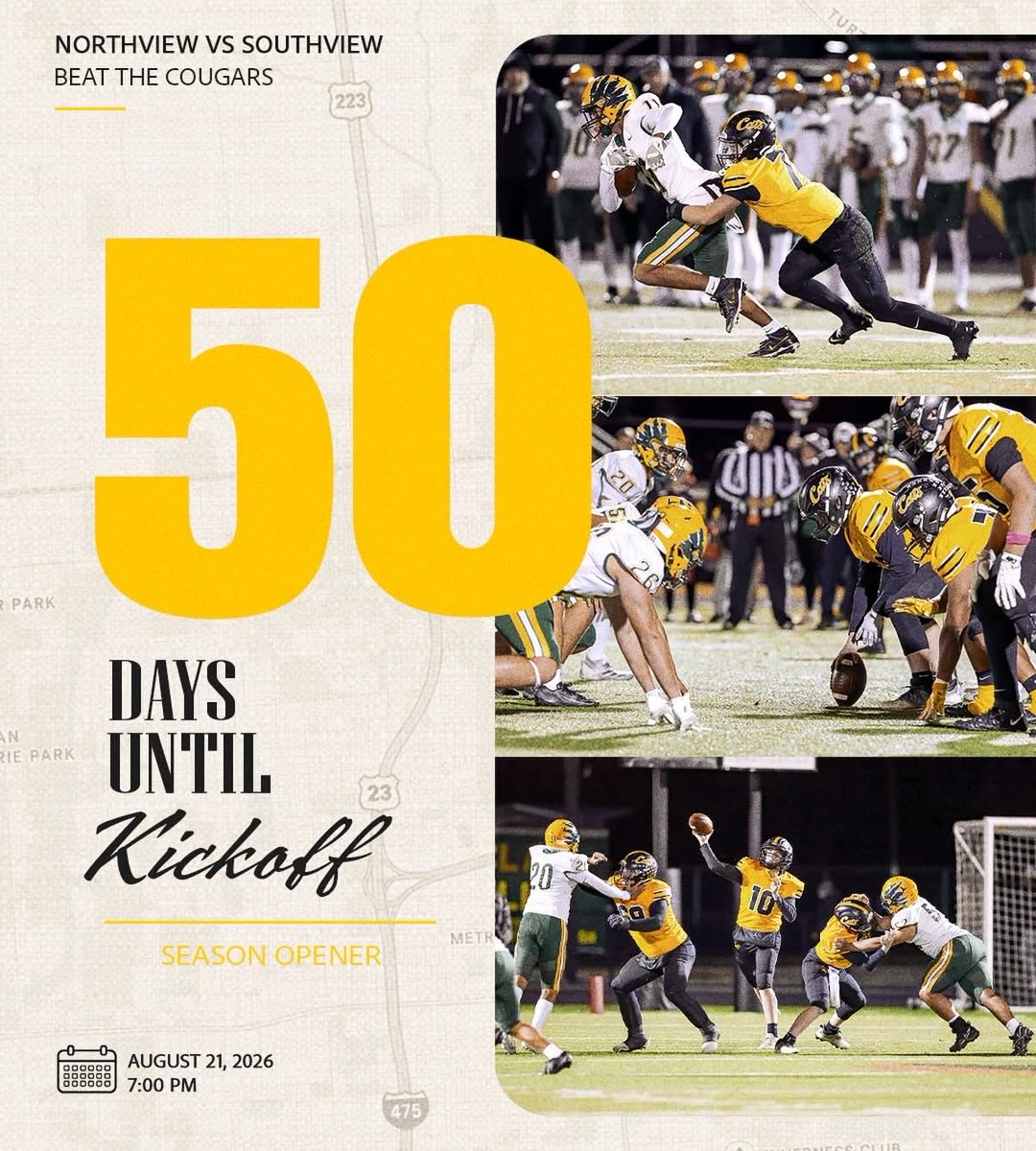 nvwildcatsfb's tweet photo. Start getting excited because we are 50 DAYS away until our SEASON HOME opener against ❌outhview!!! It will be here before you know it…. 👀🏈

#rivalryfootballgame #beatthecougars #seasonopener #homeopener #northviewfootball ⚫️🟡 https://t.co/lfMWtzqhSQ