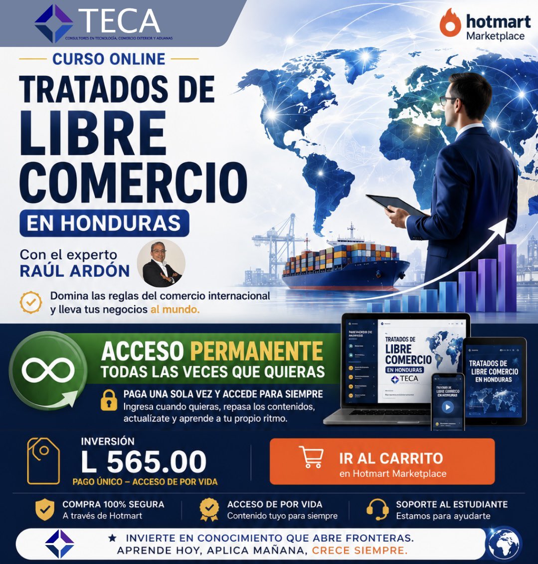 teca_grupo's tweet photo. 𝘾𝙪𝙧𝙨𝙤 𝙙𝙚 𝙏𝙧𝙖𝙩𝙖𝙙𝙤𝙨 𝙙𝙚 𝙇𝙞𝙗𝙧𝙚 𝘾𝙤𝙢𝙚𝙧𝙘𝙞𝙤 𝙚𝙣 𝙃𝙤𝙣𝙙𝙪𝙧𝙖𝙨 📄🚢✈️
￼
👨‍💻ingresa al siguiente Link:  https://t.co/02KO96CIXU

Ventaja de tu curso en Hotmart: 
￼✅Acceso permanente

#Curso #Tratados #ComercioExterior #GrupoTeca #Hotmart https://t.co/c2IkMja9jz