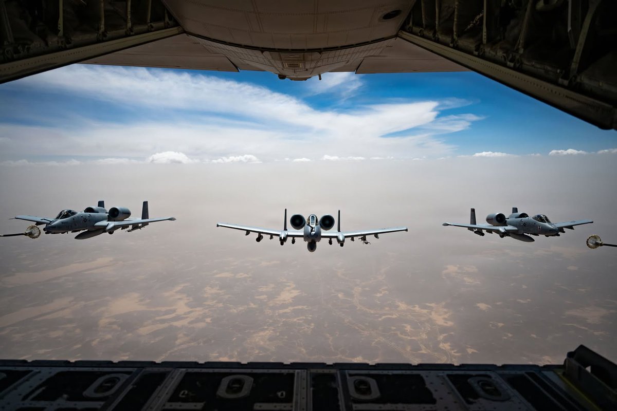 CENTCOM's tweet photo. A U.S. Air Force HC-130J Combat King II provides fuel for several A-10C attack aircraft. Aerial refueling allows aircraft to operate for extended periods of time. https://t.co/enZvgZ71ds