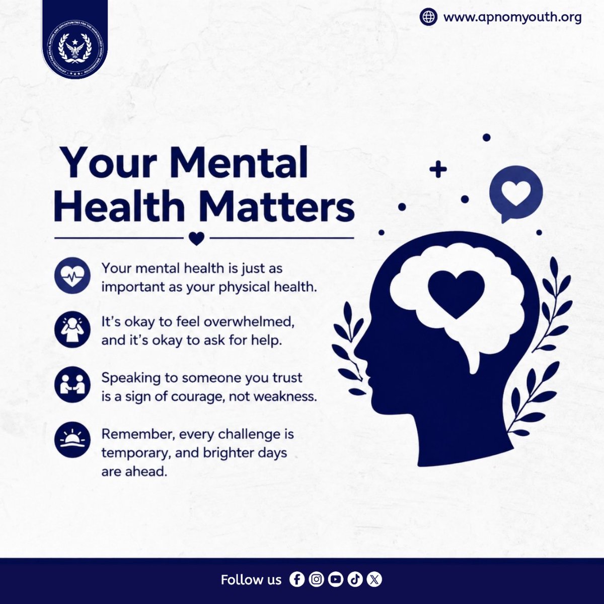 ApnomYouthOrg's tweet photo. 🧠💙 Your Mental Health Matters.

Your mental health is just as important as your physical health. It's okay to feel overwhelmed, and it's okay to ask for help. Reaching out to someone you trust is a sign of strength, not weakness. #MentalHealthMatters https://t.co/YzwSs4BI6t