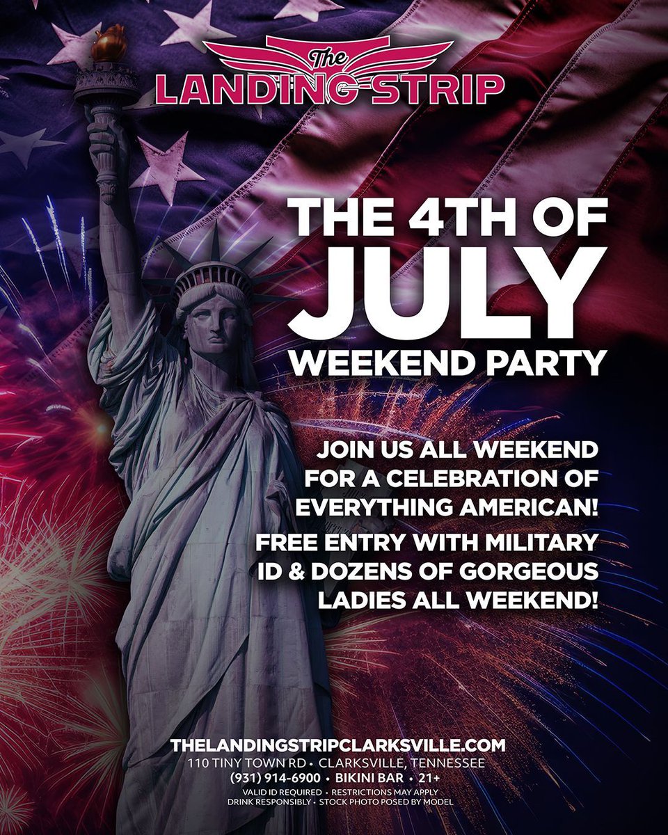 ClarksvilleTLS's tweet photo. THIS WEEK 🚨 The Landing Strip’s 4th of July Weekend party officially begins. Summer chaos, patriotic vibes, and nonstop late-night energy loading now 😈 #LandingStripClarksville #WeekendParty 🇺🇸 https://t.co/KdnxE7w3aC