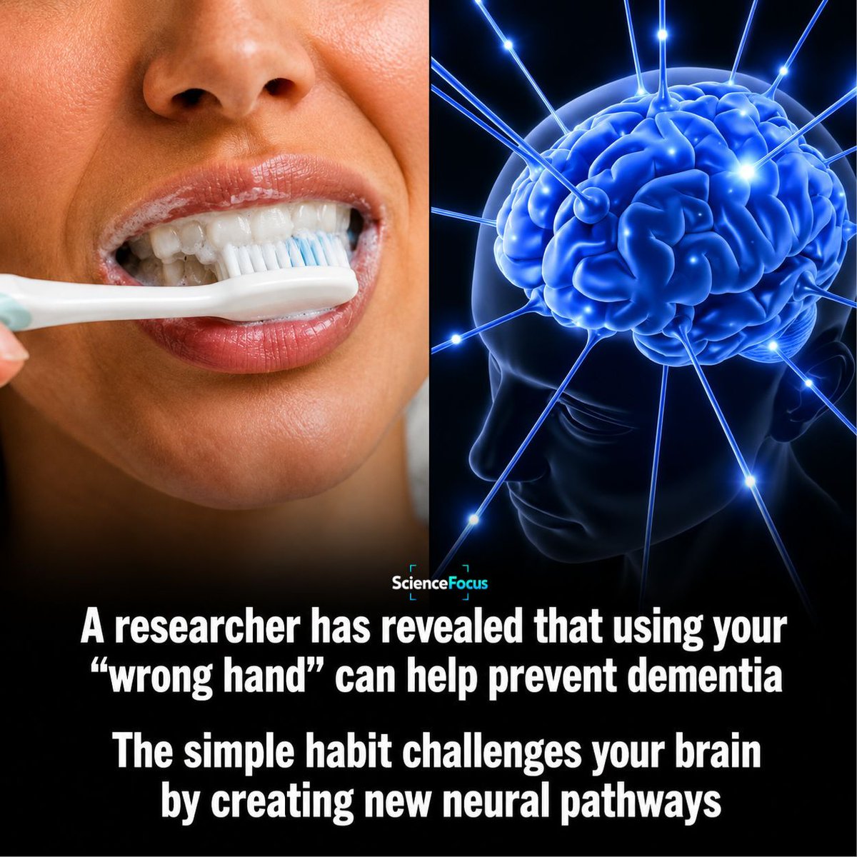ICDeadPixels's tweet photo. What if one tiny daily habit could give your brain an extra workout?

Researchers say using your non-dominant hand for simple everyday tasks may help keep your brain more engaged.

Brushing your teeth, eating with a spoon, opening doors, or using a computer mouse with your "wrong" hand forces your brain to step outside its normal routines.

That extra effort activates different neural circuits and encourages your brain to adapt, a process known as neuroplasticity.

Scientists believe regularly challenging the brain with unfamiliar activities may help strengthen cognitive flexibility, improve coordination, and keep the mind active as we age.

Some experts suggest these small mental challenges could contribute to long-term brain health when combined with proven habits like regular exercise, quality sleep, a healthy diet, and staying socially engaged.

However, it's important to understand that simply using your non-dominant hand has not been proven to prevent dementia on its own. Dementia is influenced by many factors, including age, genetics, cardiovascular health, and lifestyle.

Still, adding small, unfamiliar challenges to your daily routine is an easy way to exercise your brain and every healthy habit adds up over time.

Sometimes, the smallest changes are the ones that keep your mind sharp.