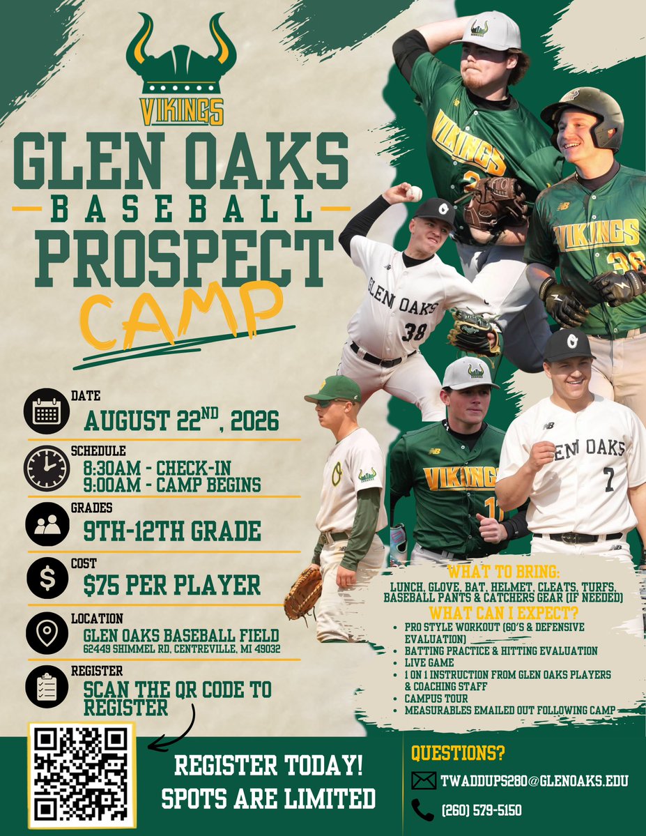 govikesbaseball's tweet photo. Join us on Saturday, August 22 for a full day of instruction and evaluations with the Glen Oaks Baseball coaching staff and players!

📅 Date: August 22, 2026
🕣 Check-In: 8:30 AM
⚾ Camp Begins: 9:00 AM
👥 Grades: 9th–12th
💲 Cost: $75 per player
📍 Glen Oaks Baseball Field https://t.co/2j3jftqV6D