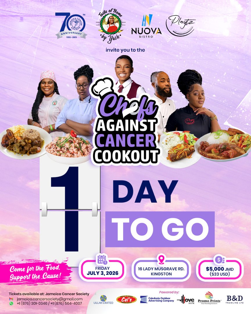 JaCancerSociety's tweet photo. 1 DAY TO GO! Support the Chefs Against Cancer Cookout and help us raise funds for a new mammogram machine.#ChefsAgainstCancerCookout
π
July 3 π16 Lady Musgrave Rd, Kingston
π²J$5,000 (US$33) πServing from 11:00 a.m.
ποΈ Get your tickets today! π (876) 564-4007 | (876) 301-0346 https://t.co/JIlPUOxOYw