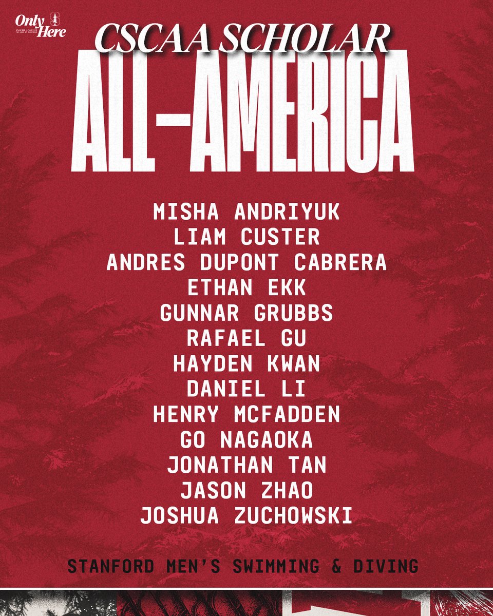 stanfordmswim's tweet photo. The @CSCAA announced its Scholar All-America teams on Thursday, and 13 Cardinal were honored!

📝➡️ https://t.co/mHCoozbGem

#GoStanford https://t.co/RByLVwCgIe