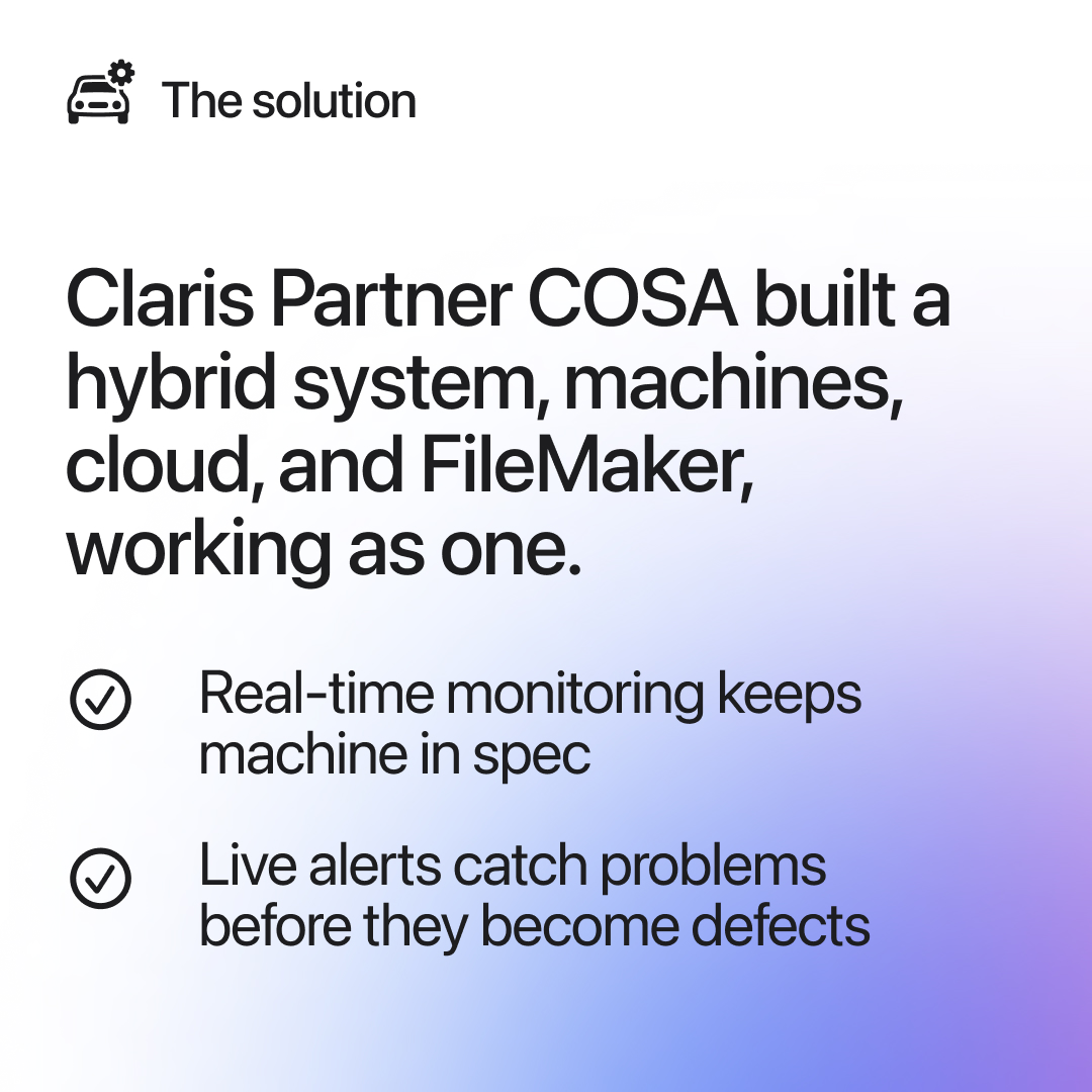 ClarisOfficial's tweet photo. T.A.S. srl has supplied factory-spec parts to Mercedes-Benz, Volvo, IVECO, and more for over 40 years.

Claris Partner COSA built them a solution that monitors critical machines on the floor, keeping parts built to spec.🔧 https://t.co/5SrcQcGZnr