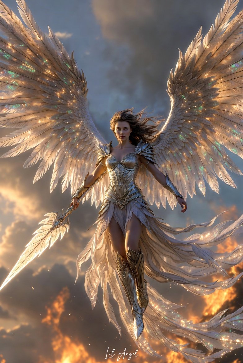 CLAngelillo's tweet photo. 🌟 She paints the sky with starlight and steel.  
Wings alive with a thousand glowing embers, blade cutting through eternity itself.  

The Lil Angel doesn’t just soar — she ignites the heavens. ✨⚔️

#AngelOfLight #GlowingWings #FantasyArt #CelestialPower https://t.co/yIjs8fgFGA