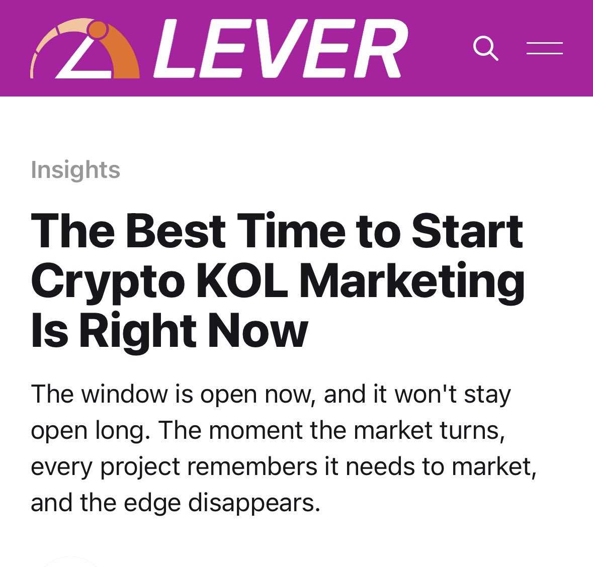 Cryptocore001's tweet photo. Most crypto projects react to a bear market the same way.

They cut marketing budgets, pause campaigns, and wait for sentiment to improve. The timeline gets quieter, creator partnerships slow down, and visibility fades.

It feels like the safe move. But that’s exactly where the opportunity is missed.

While others are stepping back, @lever_io is making the case for doing the opposite.

Bear markets create the best conditions to build attention. Creator calendars are more open, collaboration costs are lower, and there’s far less competition for mindshare. Every quality piece of content has a better chance of being seen, remembered, and trusted.

The projects that understand this aren’t just marketing through the bear, they’re positioning themselves to lead the next bull cycle.

Because when momentum returns, the winners won’t be the projects trying to introduce themselves for the first time.

They’ll be the ones who never stopped showing up.

If you’re building in Web3, this is well worth the read:

https://t.co/bT0asvL0a9