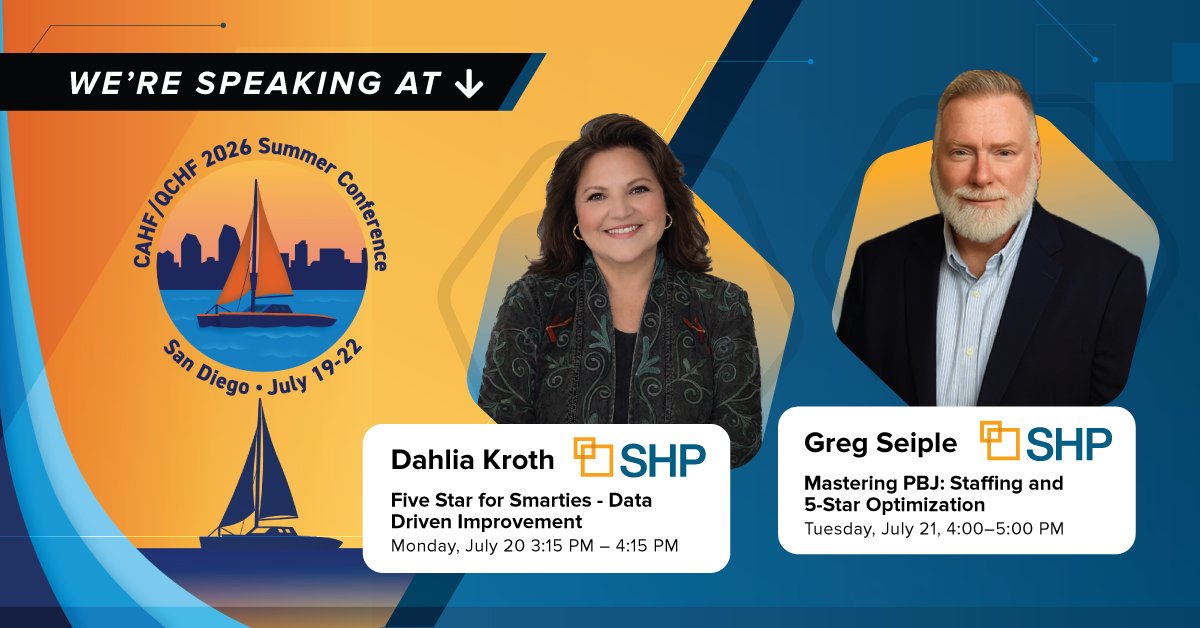 SHPdata's tweet photo. SHP is bringing data expertise to the CAHF/QCHF 2026 Summer Conference this July in San Diego.

Monday, July 20 at 3:15 PM: "Five Star for Smarties: Data Driven Improvement"

Dahlia Kroth will share practical strategies for turning staffing data into Five Star results. https://t.co/1KHZyuYERa