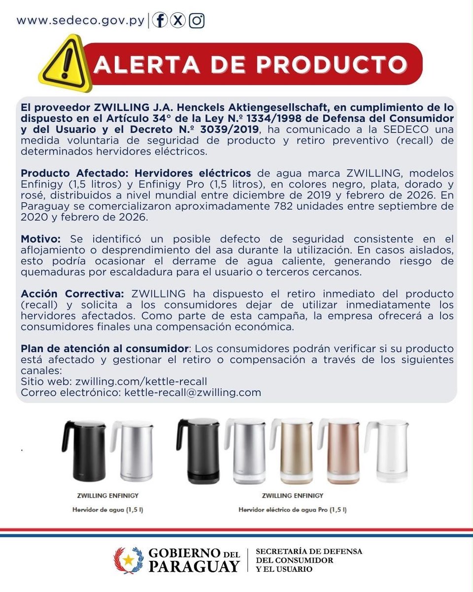 delpynews's tweet photo. ▶️¿LO TENÉS EN TU CASA? MUCHO CUIDADO | ​​​😰

La Sedeco retira del mercado un hervidor eléctrico por representar un peligro de quemaduras para usuarios.⚠️​​

🔴La empresa ZWILLING J.A. Henckels Aktiengesellschaft advirtió de un posible defecto de seguridad que consiste en el aflojamiento o desprendimiento de la manija del hervidor de los modelos Enfinigy (1,5 litros) y Enfinigy Pro (1,5 litros).

Las fallas podrían ocasionar el derrame de agua caliente y provocar quemaduras.😖

En nuestro país se vendieron aproximadamante 782 unidades entre septiembre de 2020 y febrero de 2026.😱

📌Los consumidores podrán gestionar el retiro o compensación del producto en caso de verificar si el que posee está afectado.

Vía: Sedeco y ABC Color